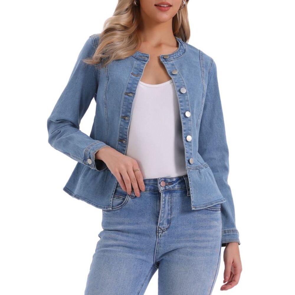 Women's Collarless Peplum Denim Jacket Light Blue